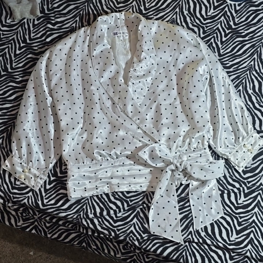 Polka dot blouse (no size tag, measurments shown in photos)
